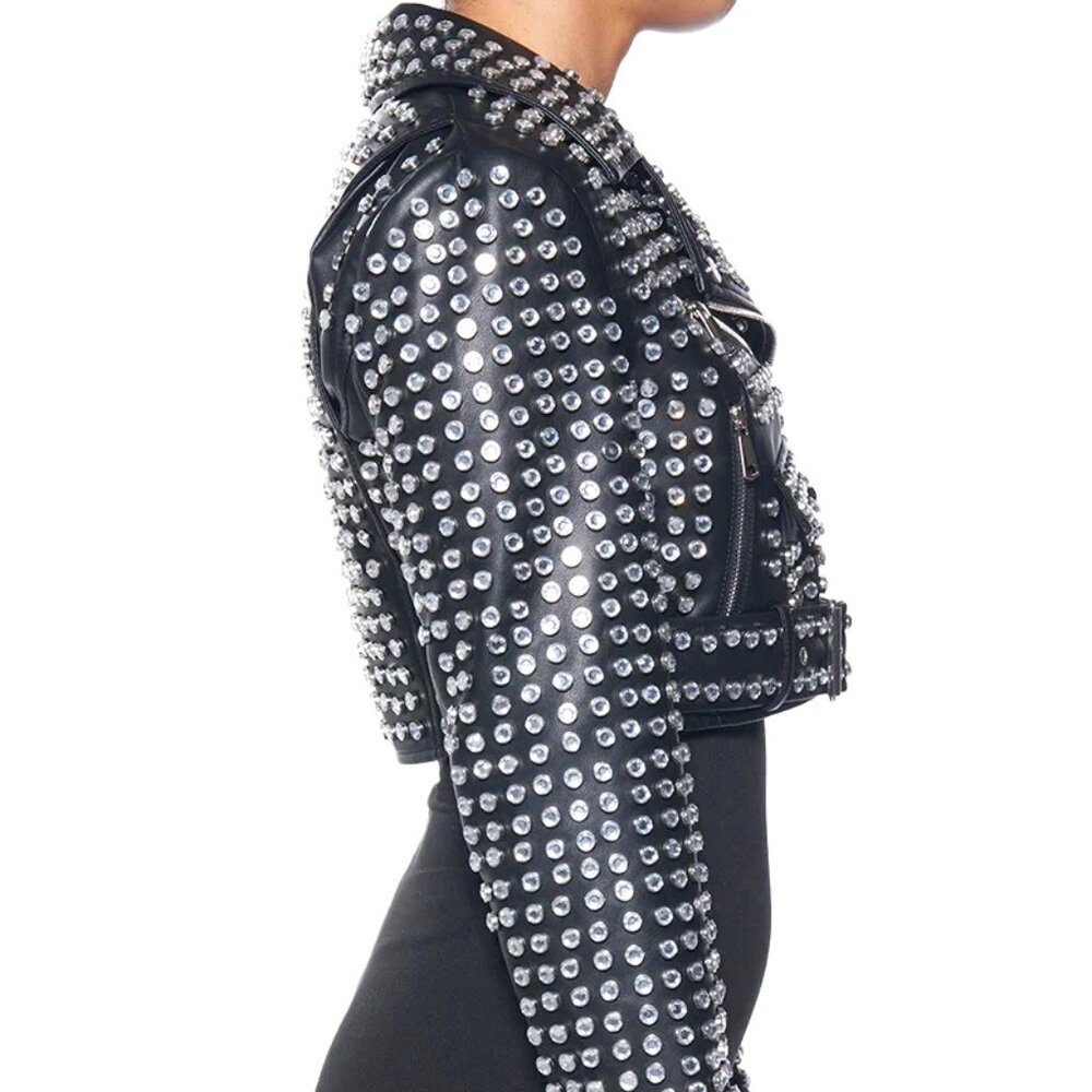 Callie Lives Xena 3006 Black AZALEA WANG 3000 Rhinestone Studded Moto Jacket ML - Picture 4 of 14